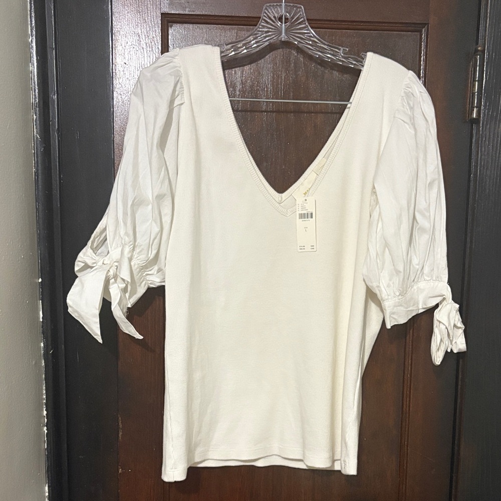 NWT Anthropologie Maeve Puff-Sleeve Ribbed Blouse - Ivory - Size L